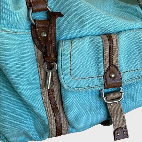 Fossil Blue Canvas Duffel Travel Bag Leather Trim - Picture 8 of 11